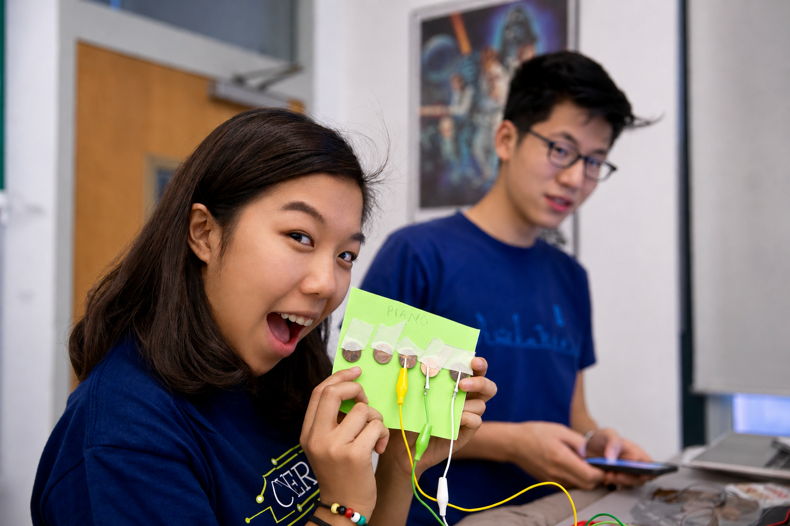 A student excitedly shows a handmade Makey Makey piano built from cardboard and coins