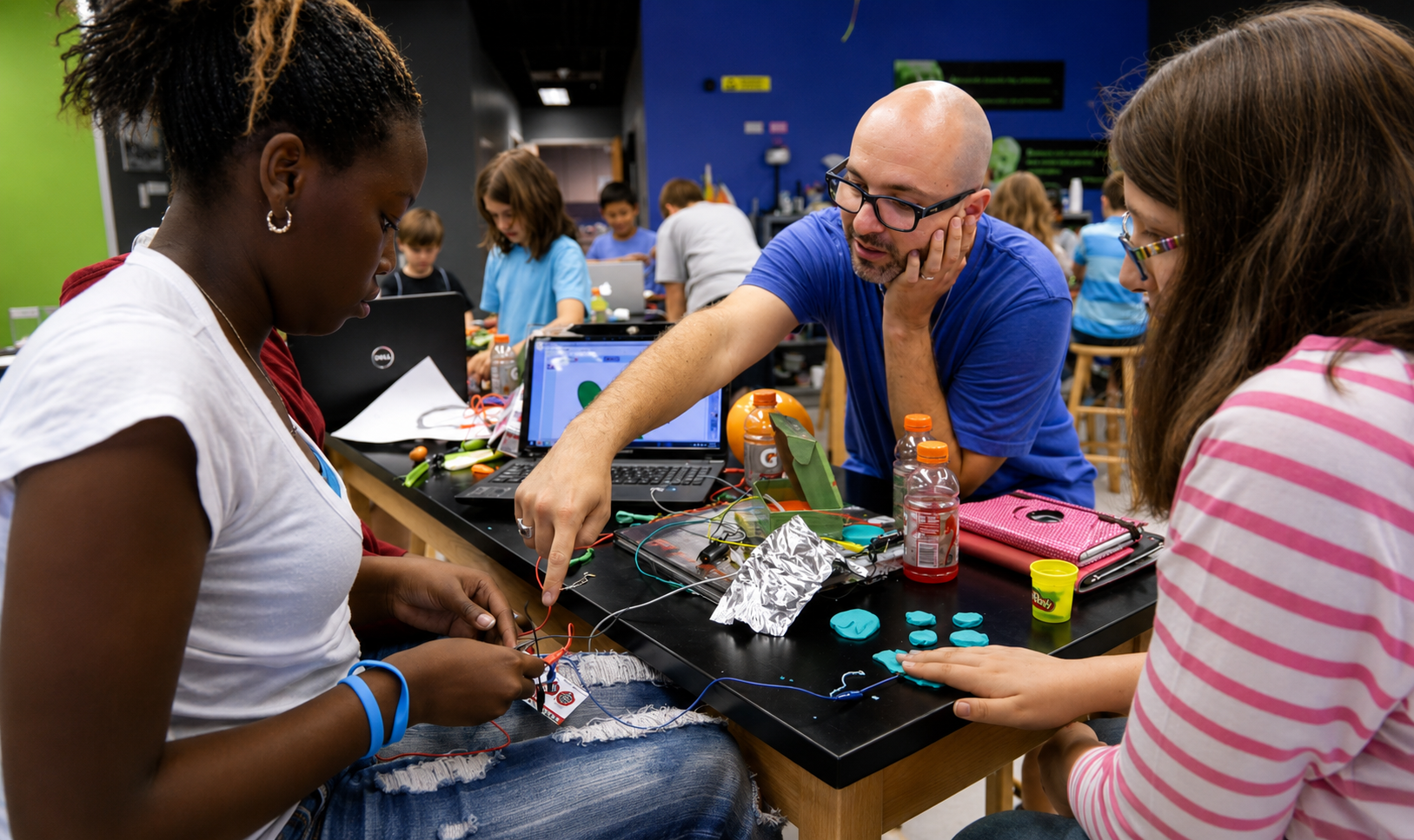 An educator and several students collaborating on a Makey Makey project with a paper controller and laptop
