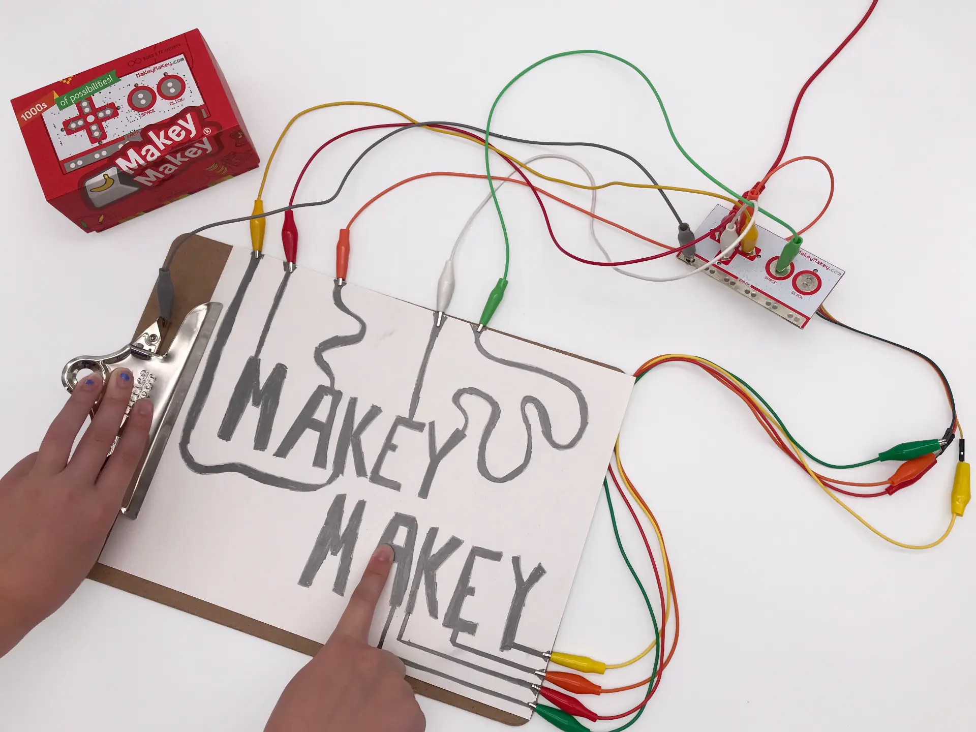 Hands touching a pencil-drawn Makey Makey sign wired with alligator clips to a Makey Makey board