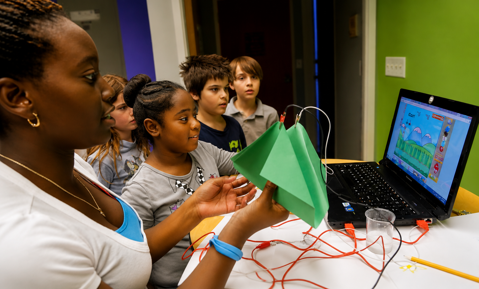 An educator and students collaborating on a Makey Makey project with a green paper controller and laptop